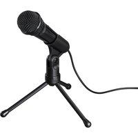 Black Hama MIC-P35 microphone with tripod stand and wired connection.