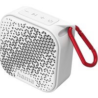 White Hama Pocket 3.0 wireless speaker with red carabiner and triangular speaker grille pattern.