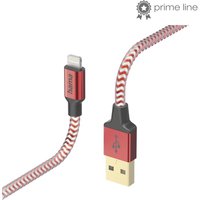 Red Hama reflective 1.5 m USB to Lightning cable with braided design and reinforced connectors.