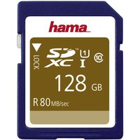 Hama SDXC 128GB UHS-I Class 10 memory card, blue and white with gold label, R 80 MB/sec speed.