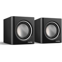 Black and silver Hama Sonic Mobil 185 wired speakers, cube-shaped with a circular silver speaker grille.