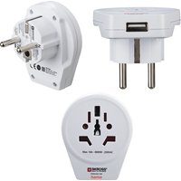 White Hama World to Europe USB power plug adapter with universal socket and European plug prongs.
