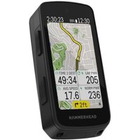 Black Hammerhead Karoo GPS computer with touchscreen displaying a map, time, and cycling stats in color.