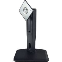 Black Hannspree monitor stand with a square VESA mount and cable management slot on a sturdy rectangular base.