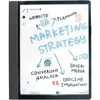Black Hannspree HannsNote2 e-book reader with touchscreen, 64 GB storage, displaying a marketing strategy diagram.