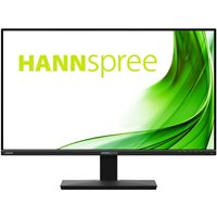 Black Hannspree 27" Full HD LED monitor with slim bezels and a rectangular stand, displaying a green abstract design.