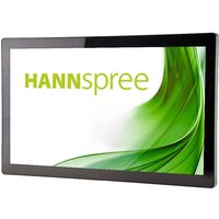 Black Hannspree 23.8" Full HD LED touchscreen monitor with slim bezel and green swirl design on display.