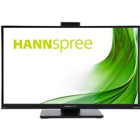 Hannspree HP 240 WJB monitor, 23.8" Full HD LED, black frame, built-in webcam, green swirl on screen.