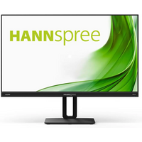 HANNspree HP271PJB 27" black monitor with slim bezels, height-adjustable stand, and green abstract display.