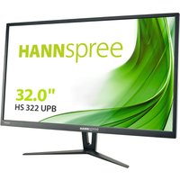 Black Hannspree 32" Quad HD LED monitor with slim bezels and a sleek stand, displaying a green swirl graphic.