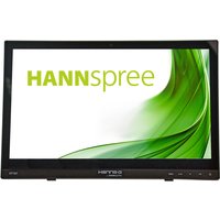 Black Hannspree HT161HNB monitor, 15.6-inch screen, 1366x768 resolution, with green logo and wave design on display.