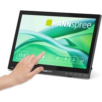 Black Hannspree 15.6" Full HD LCD touchscreen monitor with slim bezel, displaying green-themed interface.