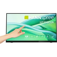 Black Hannspree HT220CUA 21.4" Full HD LED touchscreen monitor with slim bezels and hand touching the screen.
