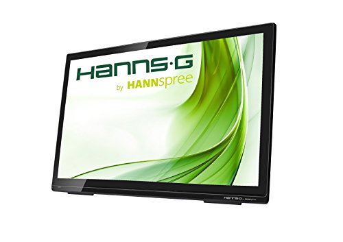 27-inch black Hannspree HT273HPB touchscreen monitor features a sleek design, Full HD 1920 x 1080 resolution, and vibrant green graphics on a glossy display.