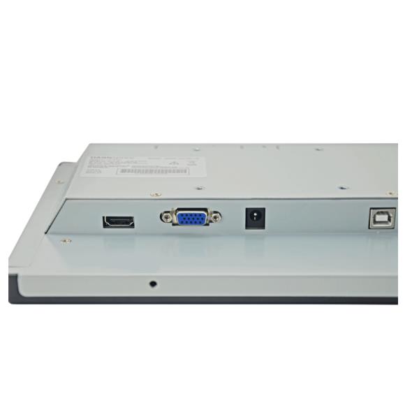 Hannspree Open Frame HO 105 HTB digital signage flat panel in a sleek design, featuring HDMI, VGA, and power ports on the back, with a compact 10-inch display.