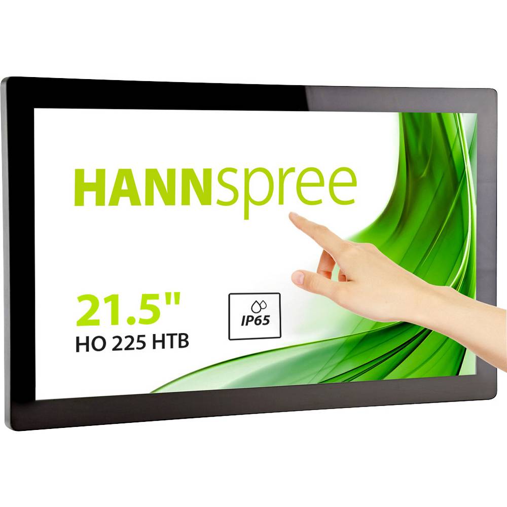 Hannspree Open Frame HO 225 HTB totem design LED display, 21.5 inches, featuring a sleek black frame and vibrant green graphics, with an IP65 rating for durability.