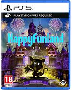 Colorful game cover featuring a whimsical haunted house, fireworks, and a cartoonish black cat character, labeled "HappyFunland" for PSVR2 on PS5, with an age rating of 18.