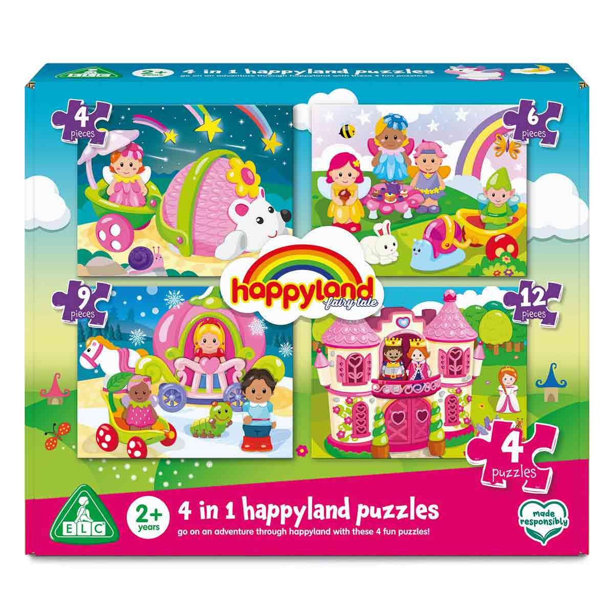 Colorful box featuring four fairytale puzzles with varying piece counts (4, 6, 9, 12), depicting whimsical scenes with characters, animals, and a castle, designed for children aged 2+.