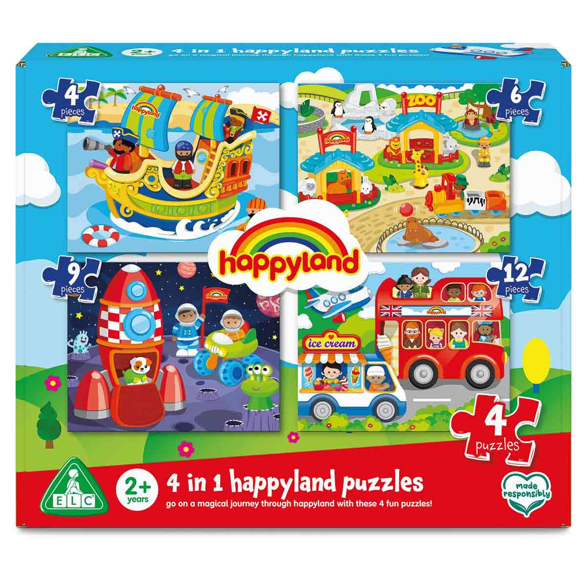 Colorful box featuring four Happyland puzzles, including a pirate ship, a rocket, a zoo scene, and an ice cream truck, with varying piece counts and playful illustrations.