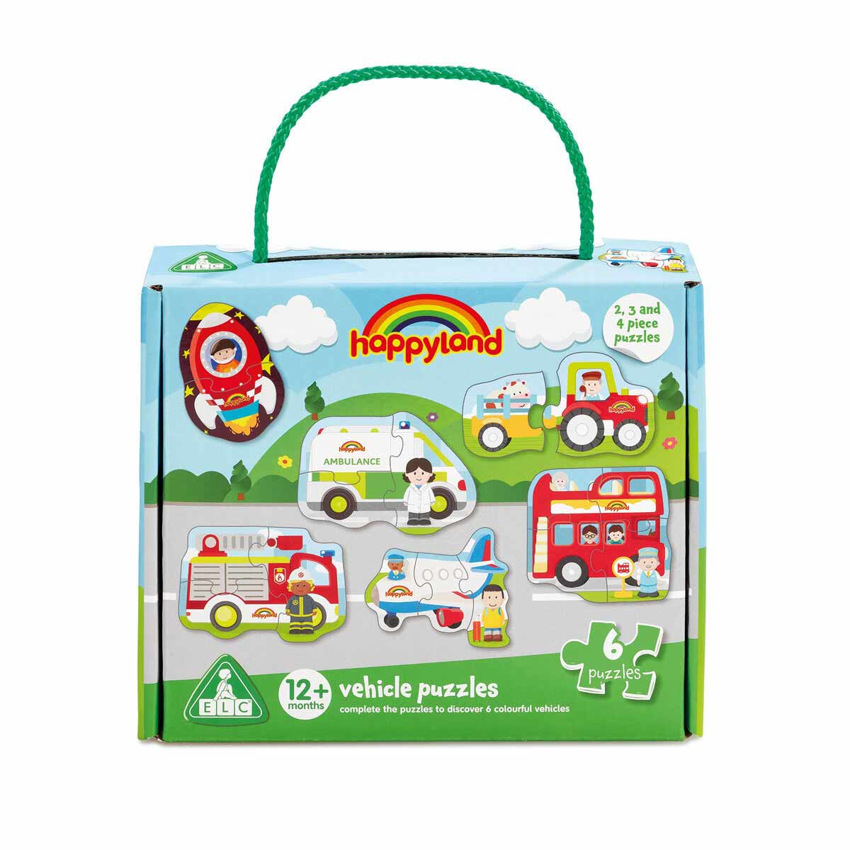Colorful green box featuring a rainbow and cartoon vehicles, containing six 4-piece jigsaw puzzles of various emergency and transport vehicles, with a sturdy handle for easy carrying.