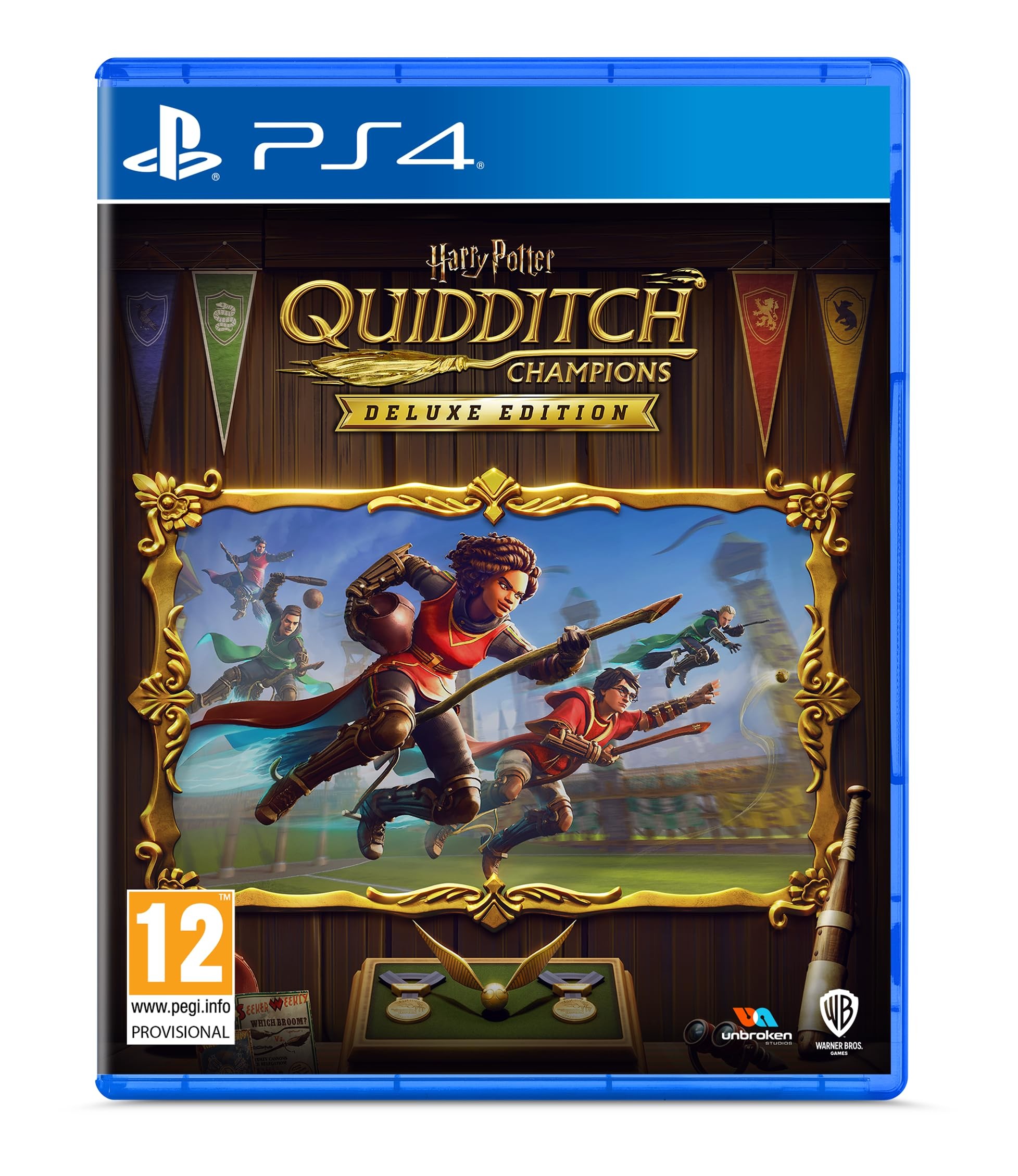 Harry Potter: Quidditch Champions Deluxe Edition for PlayStation 4 features vibrant artwork of players on broomsticks, colorful house banners, and a blue case with a PEGI 12 rating.
