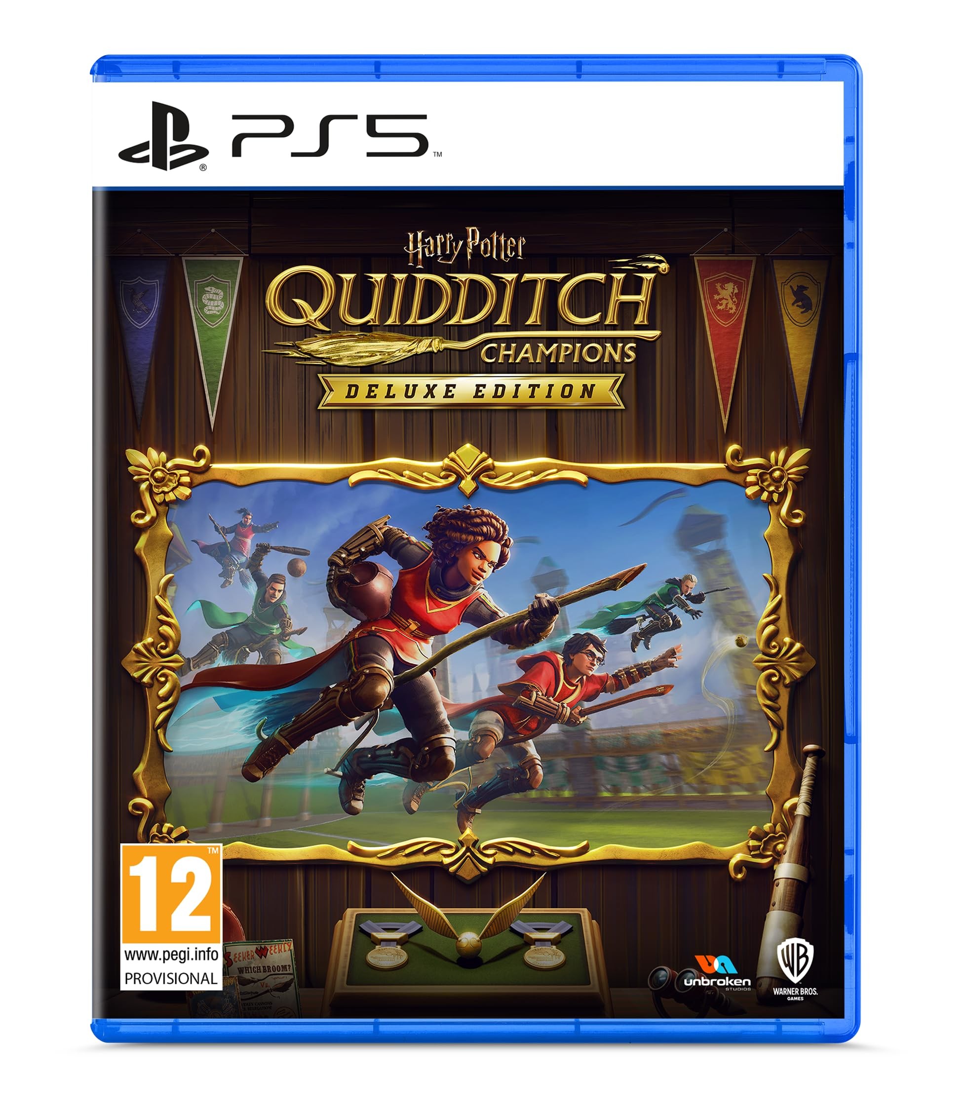 Harry Potter: Quidditch Champions Deluxe Edition for PS5 features vibrant artwork of players in action, with colorful banners and a blue case.