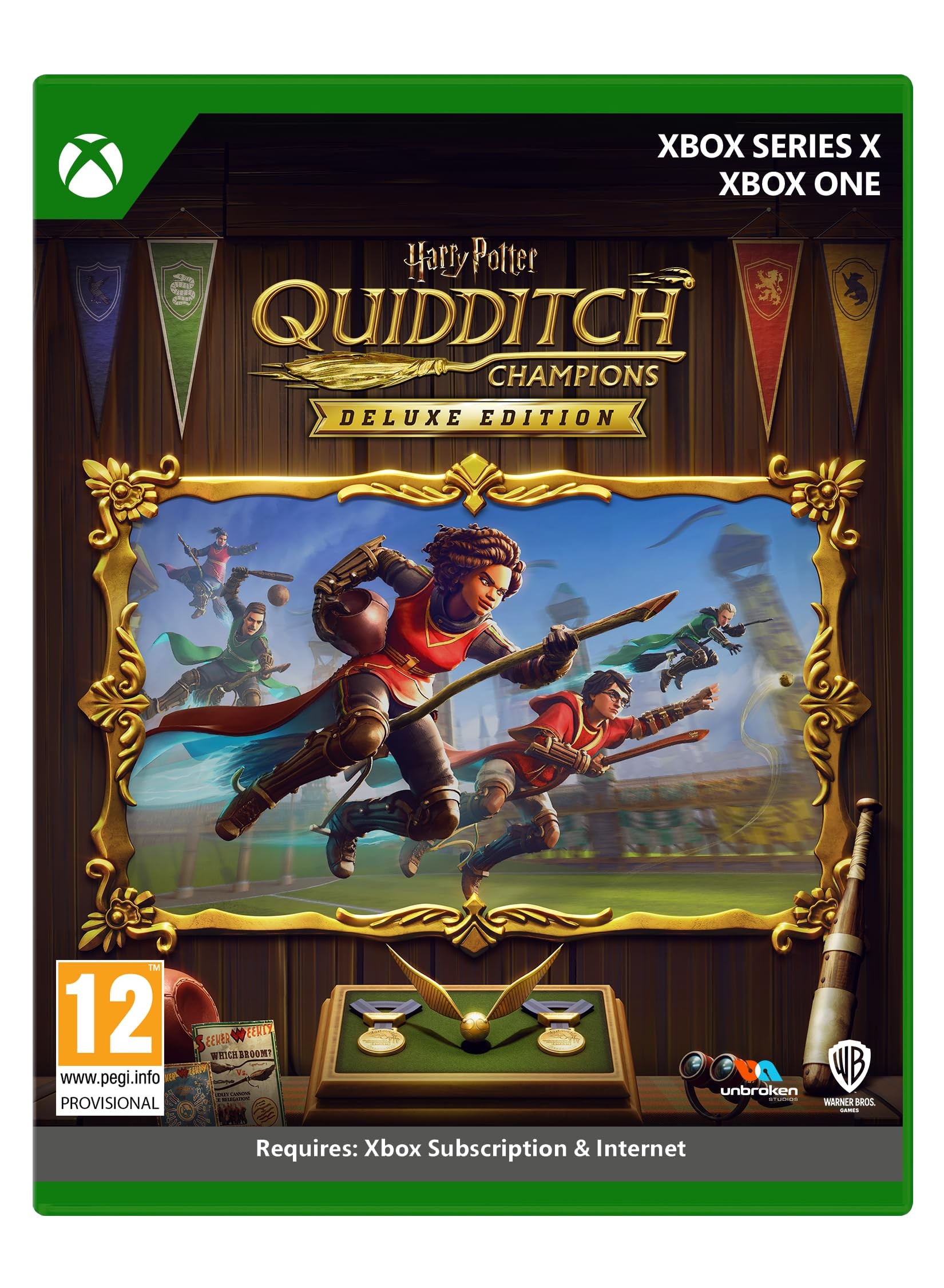 Quidditch Champions Deluxe Edition for Xbox Series X features vibrant artwork of players on broomsticks, with colorful banners and a green border, showcasing the game's magical theme.