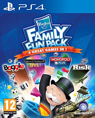 Colorful game cover featuring the Hasbro Family Fun Pack logo, with icons for Boggle, Trivial Pursuit Live!, Monopoly Plus, and Risk, set against a blue background.