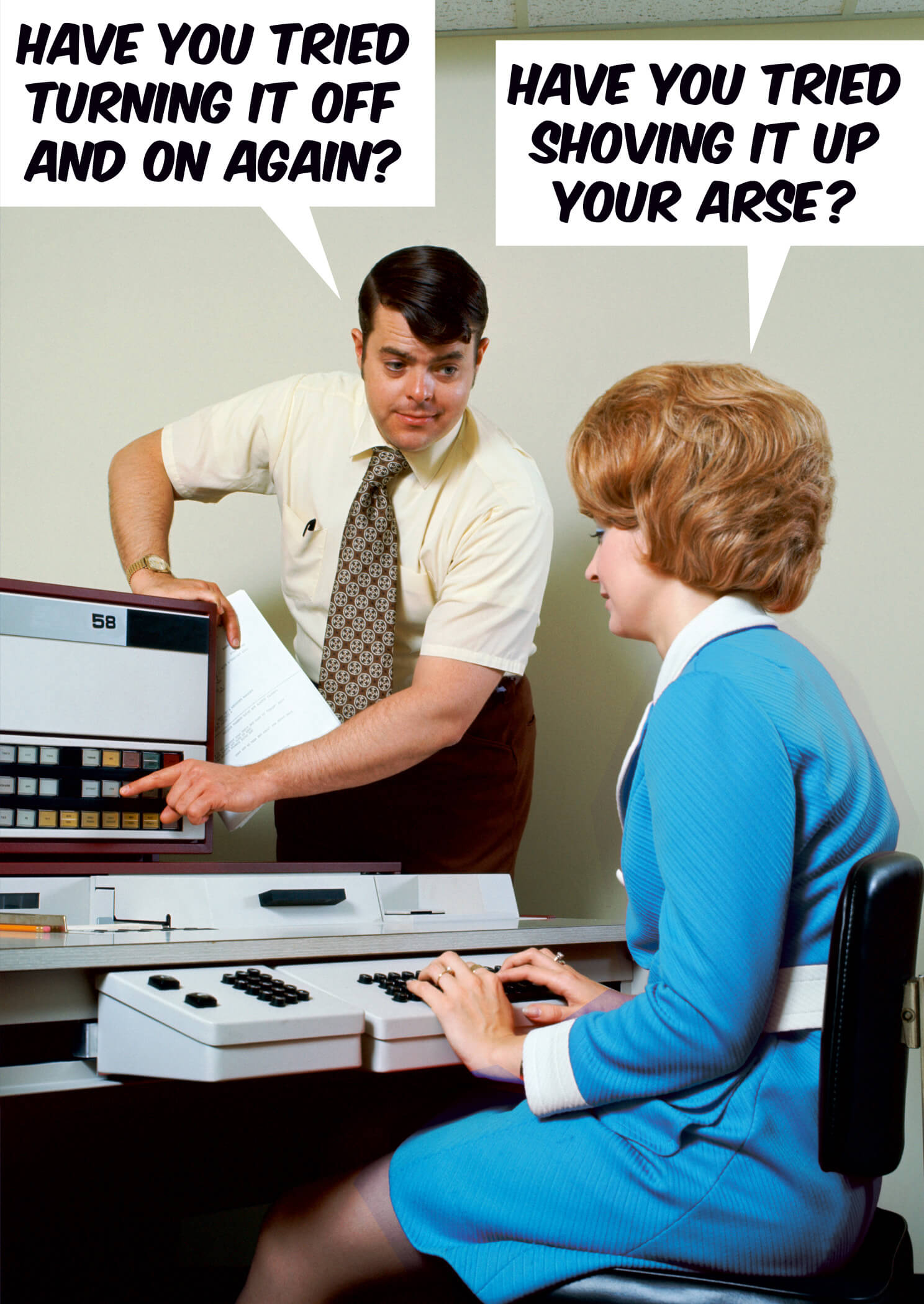 A vintage-style card featuring a man in a shirt and tie pointing at a computer while a woman in a blue dress responds, with bold text above them.