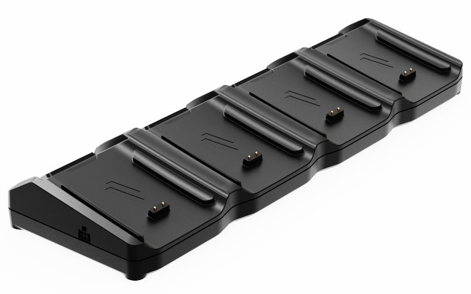Black plastic charging station with four slots designed for Ingenico devices, featuring gold charging contacts and a sleek, curved design for stability.