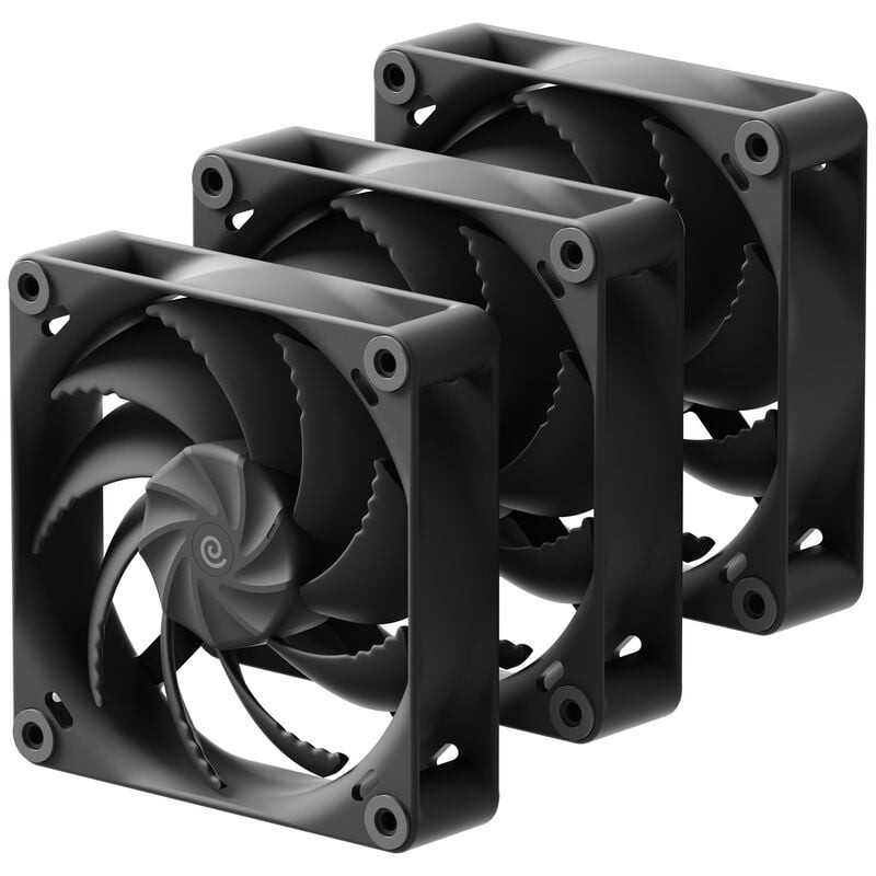 Three 120mm black PWM fans from HAVN featuring a sleek design with curved blades for optimal airflow and a durable plastic frame.