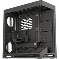 Black HAVN HS 420 VGPU Midi Tower with open side panel, dual fan slots, and vertical GPU mount.