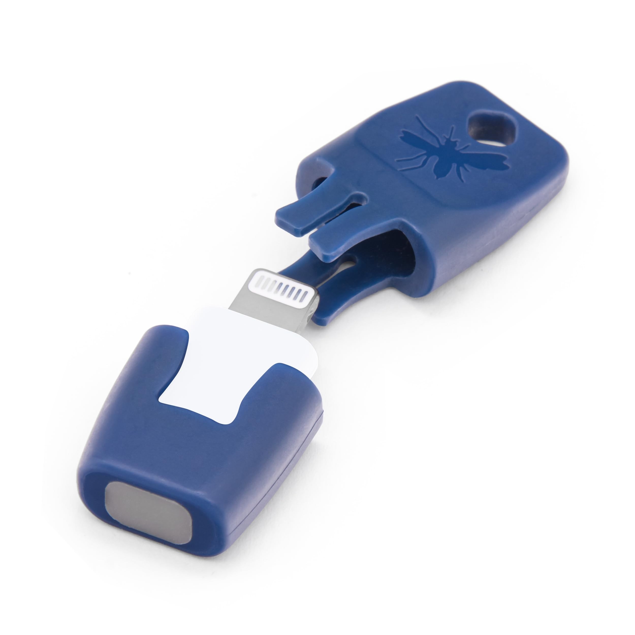 Smartphone-powered insect bite healer in blue, featuring a sleek design with a white accent and a bug graphic, designed for easy attachment to devices.