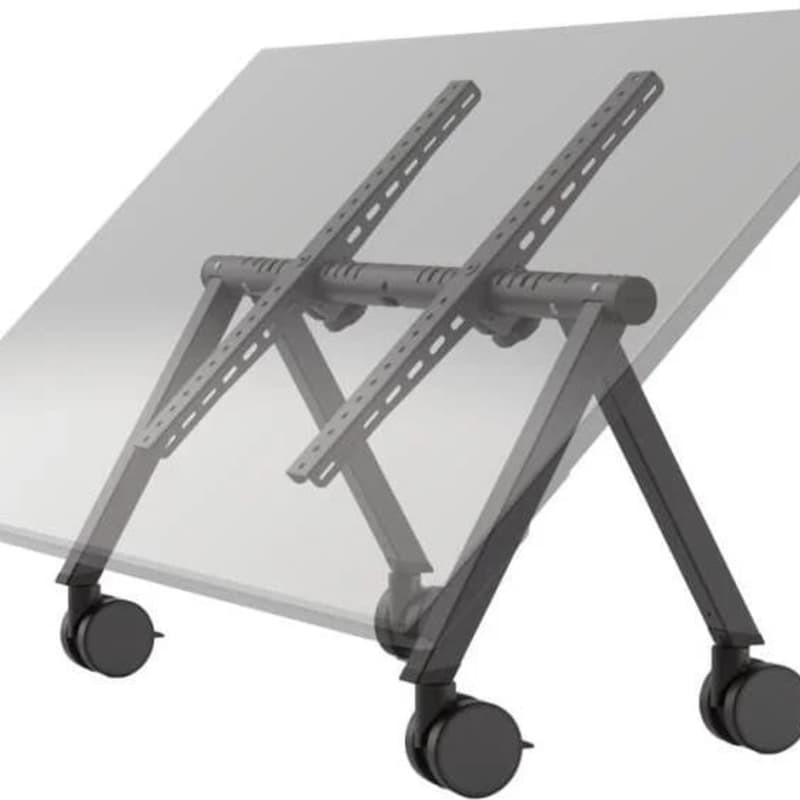 Black adjustable stand with a transparent surface and dual support brackets, featuring wheels for mobility and a modern design, suitable for various setups.