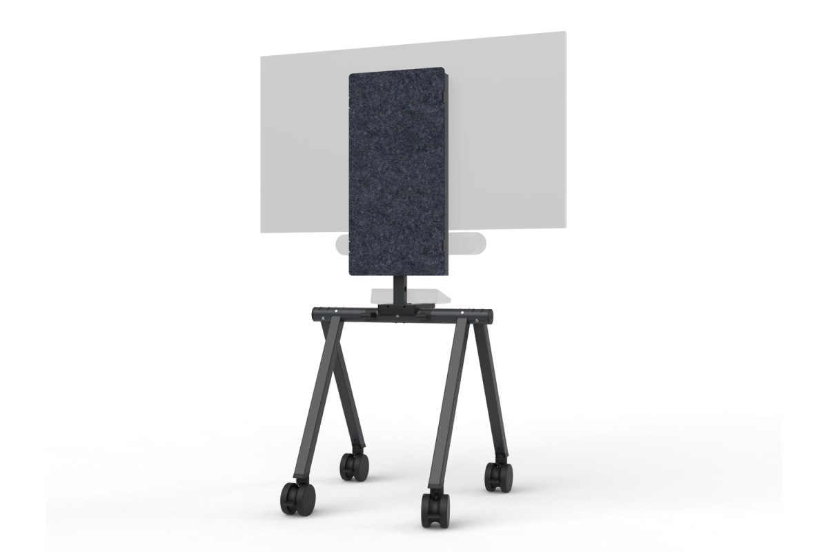 Rolling stand with a sturdy black metal frame, featuring a textured gray felt back panel, designed for easy mobility with four caster wheels.