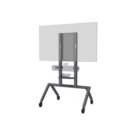 Heckler Design H720-BG signage display mount in blue, featuring a sturdy metal frame, adjustable height, and wheels for mobility, designed for 75" screens.