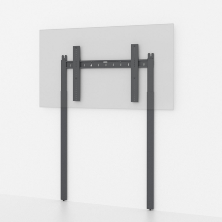 Black metal TV mount with vertical supports and adjustable brackets, designed for wall installation, featuring a sleek and minimalist design.