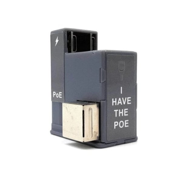 Compact gray in-wall PoE converter with a silver connector, featuring a lightning bolt icon and the text "I HAVE THE POE" prominently displayed on the side.