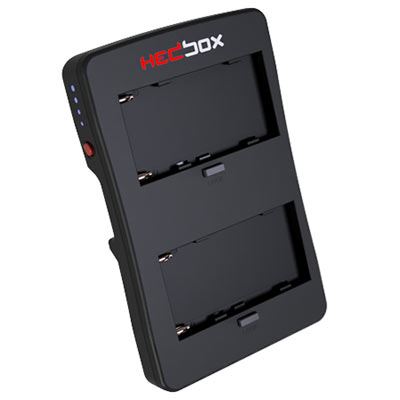 Black HEDBOX HBP-NPF battery plate with two slots for batteries, featuring a sleek design and LED indicators on the side for power status.