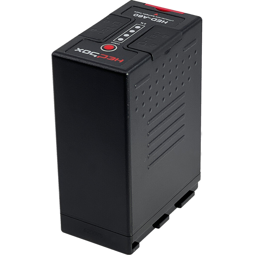 Black lithium-ion battery with a textured surface, featuring red and white branding, a capacity of 6700 mAh, and multiple connection points for cameras and camcorders.