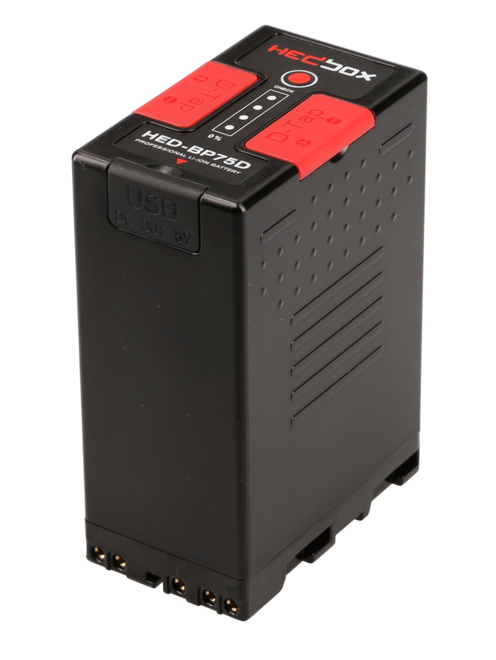 Black lithium-ion battery with red accents, featuring a USB output, model number HED-BP75D, and four metal contact points for connection.