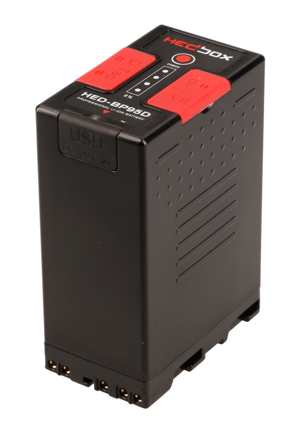 Black lithium-ion battery with red and black accents, featuring LED indicators and USB output, labeled HED-BP95D, designed for cameras and camcorders, rated at 6700 mAh.