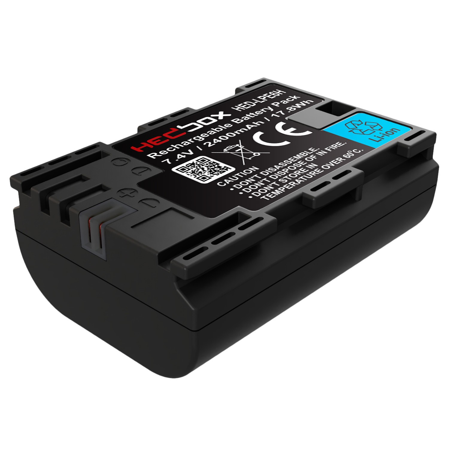 Black lithium-ion battery with a rectangular shape, featuring a label that includes the Hedbox logo, specifications, and safety warnings, designed for high-capacity use.