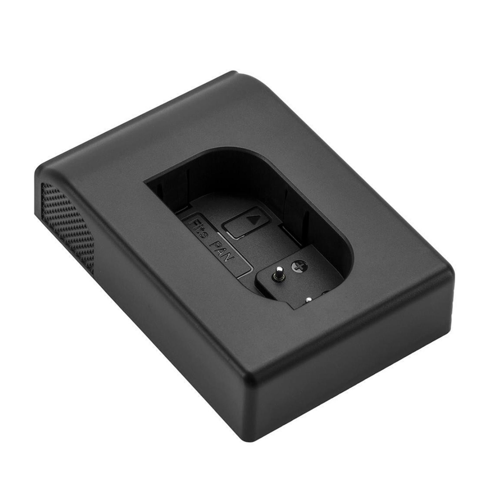 Black HEDBOX RP-BLK22 battery charger with a sleek, rectangular design, featuring a slot for a digital camera battery and ventilation holes on one side.