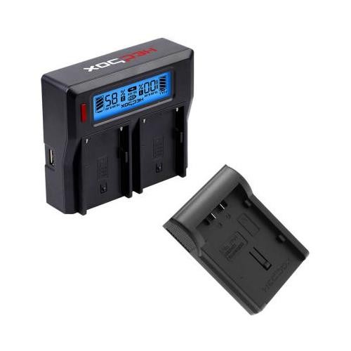 Dual-channel battery charger in black with a digital display, designed for Hedbox RP-DC50 / DD54 batteries, featuring two slots and a compact design.