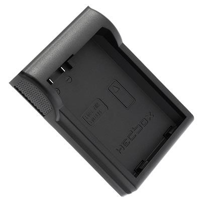 Black plastic battery charger with a sleek design, featuring a slot for the battery, indicator lights, and the Hedbox logo embossed on the side.