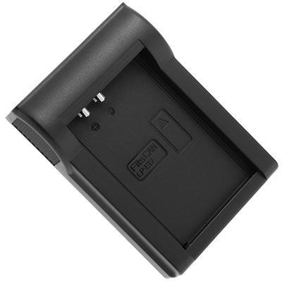 Black HEDBOX RP-DLPE12 battery charger with a sleek design, featuring metal contacts and a compact shape, suitable for digital camera batteries.