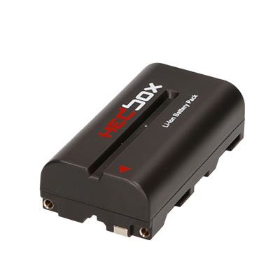 Black lithium-ion battery pack with a smooth finish, featuring a red logo and a sliding connector slot, designed for HEDBOX RP-NPF550 camera and camcorder use.