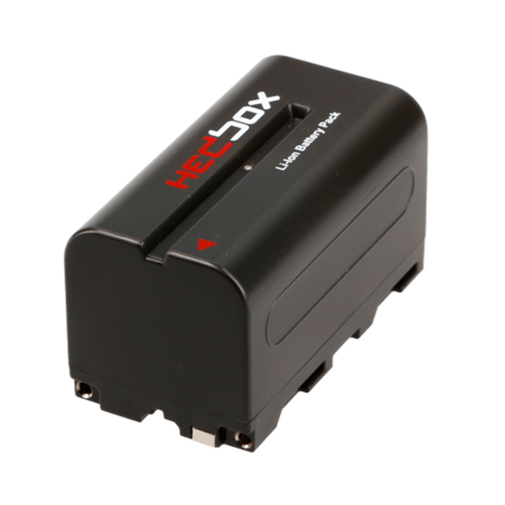 Black lithium-ion battery pack with a sleek design, featuring a red logo and a sliding contact for easy insertion, rated at 4400 mAh for cameras and camcorders.