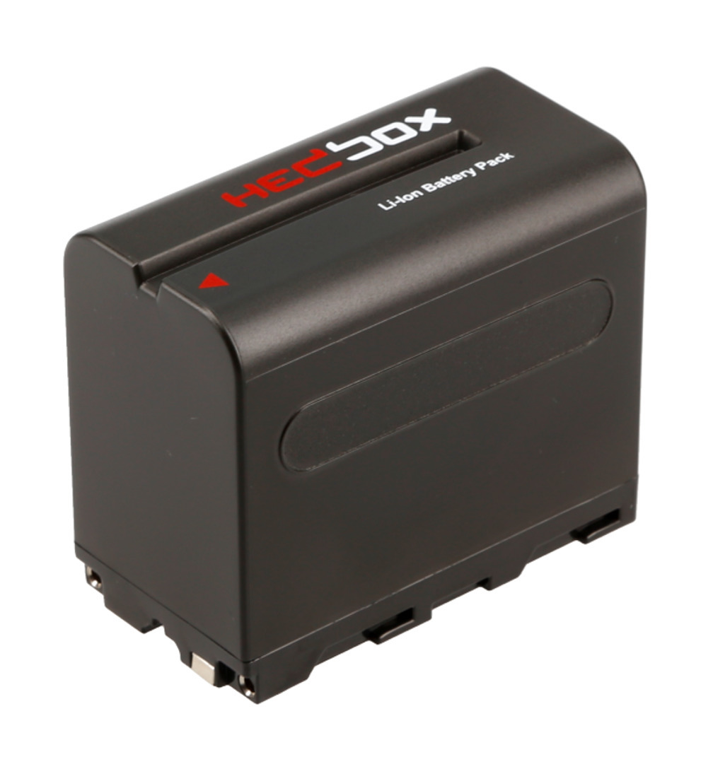 Black lithium-ion battery pack with a sleek design, featuring a red logo and a sliding compartment for easy installation, rated at 6600 mAh for cameras and camcorders.